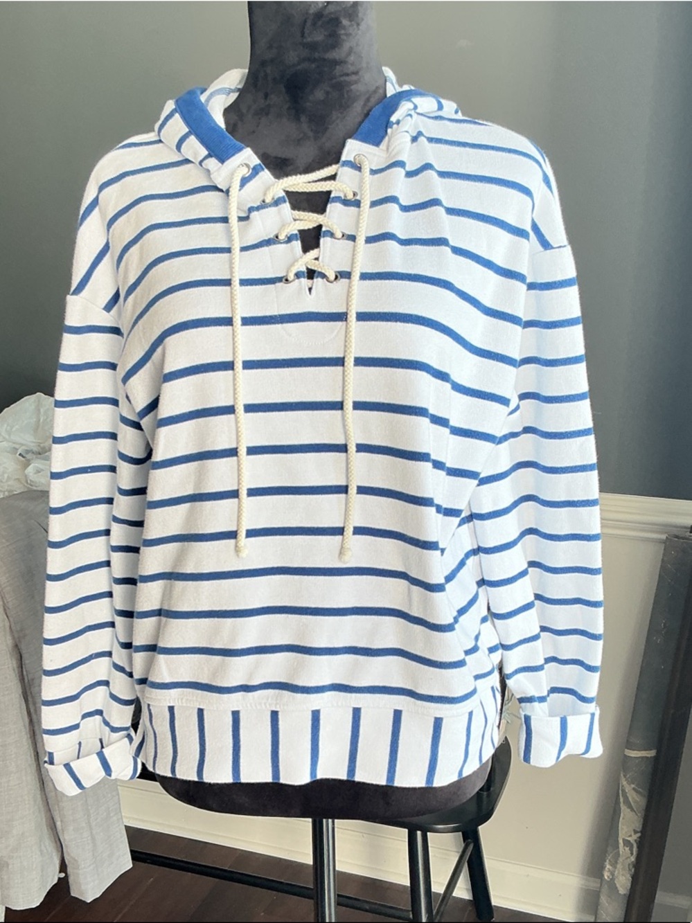 Jane and Delancey White and Blue Striped Lace-Up Hoodie